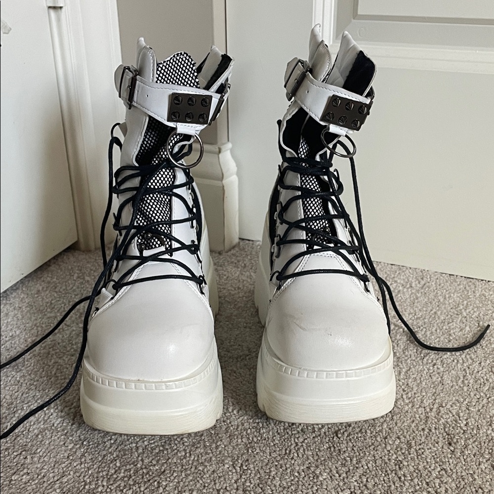 White and Black Lace-Up Boots